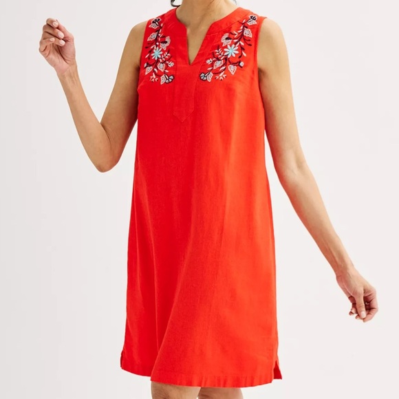 Croft & Barrow Embroidered Splitneck Linen Blend Dress Lava Flames Orange Size M - Picture 1 of 6